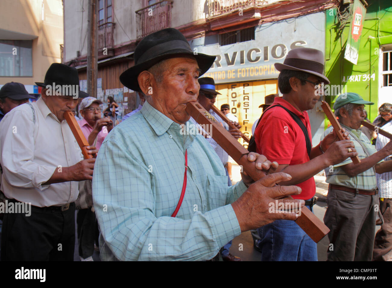 Arica Chile,Avenida Arturo Prat,Carnaval Andino,Andean Carnival,parade,indigenous,Aymara heritage,folklore traditional music troupe,band,musician,musi Stock Photo