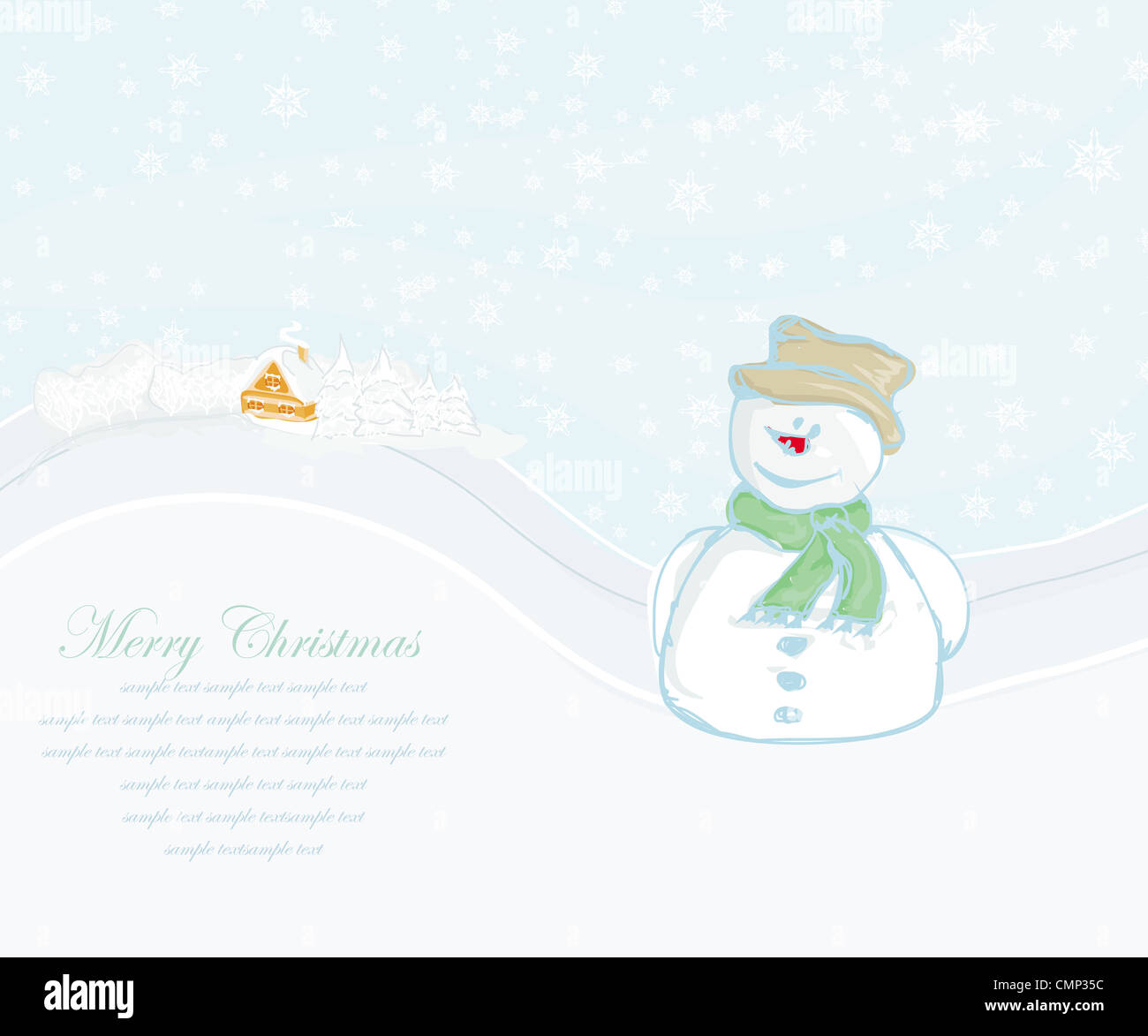 Happy snowman on winter landscape card Stock Photo - Alamy