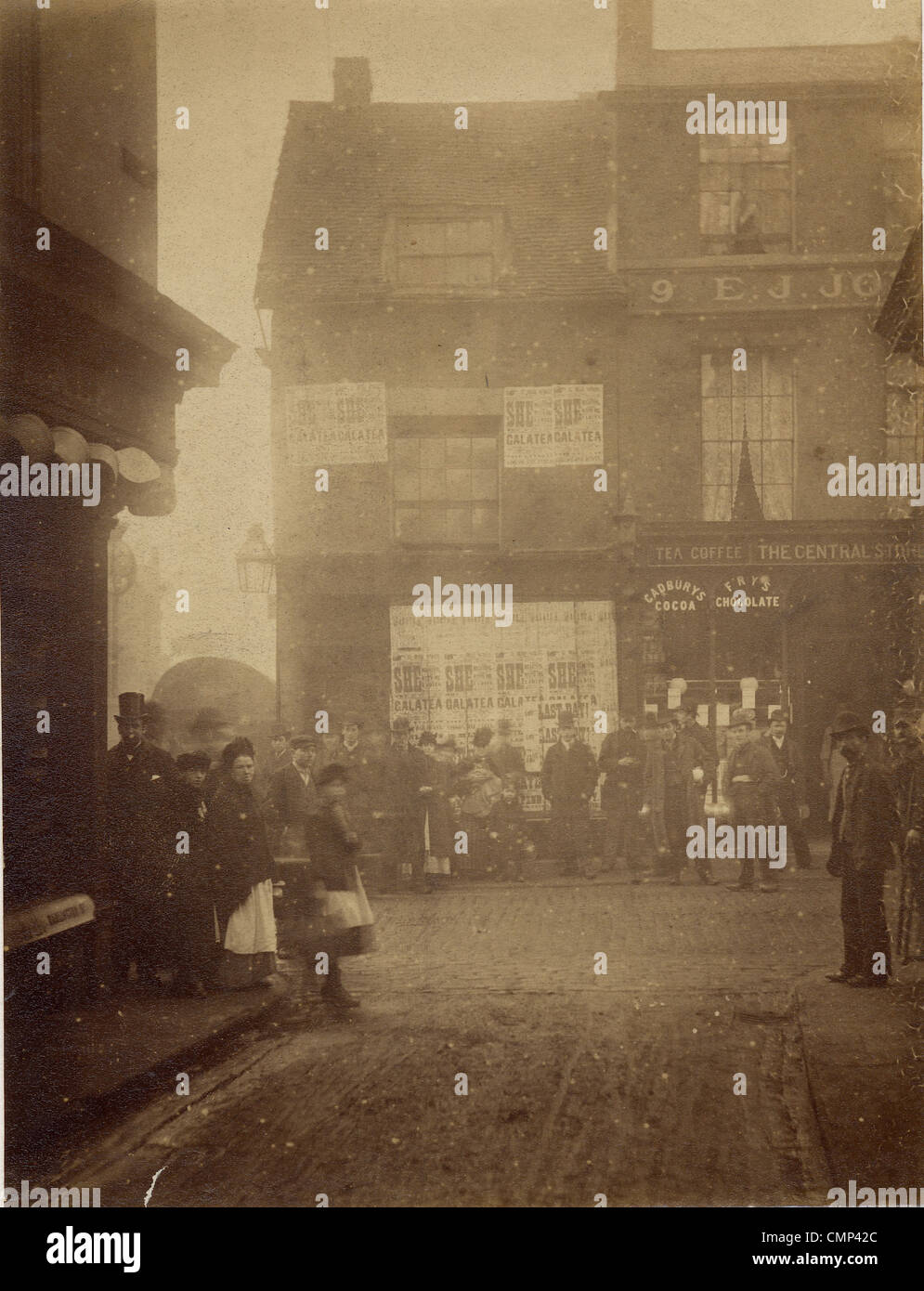 Dudley Street, Wolverhampton, circa 1870s. A group of onlookers in Dudley Street. The long exposure time of the camera means Stock Photo