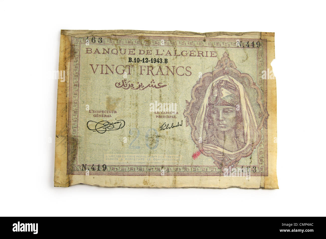 1943 Algerian 20 Francs bank note. Stock Photo