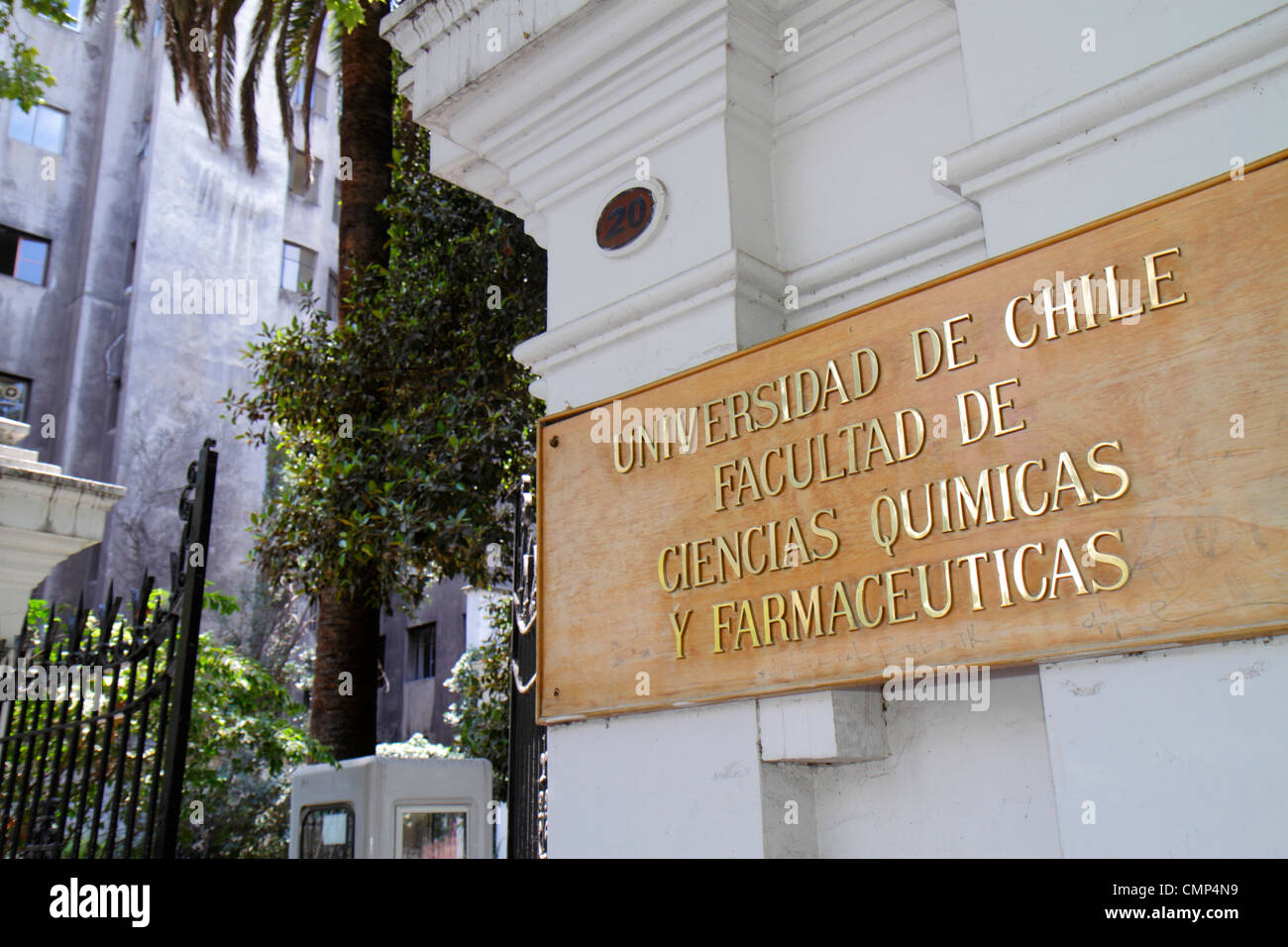 Santiago Chile,Providencia,Avenida Vicuna Mackenna,University of Chile,Science Faculty,Chemistry,Pharmacology,entrance,plaque,sign,higher education,pu Stock Photo