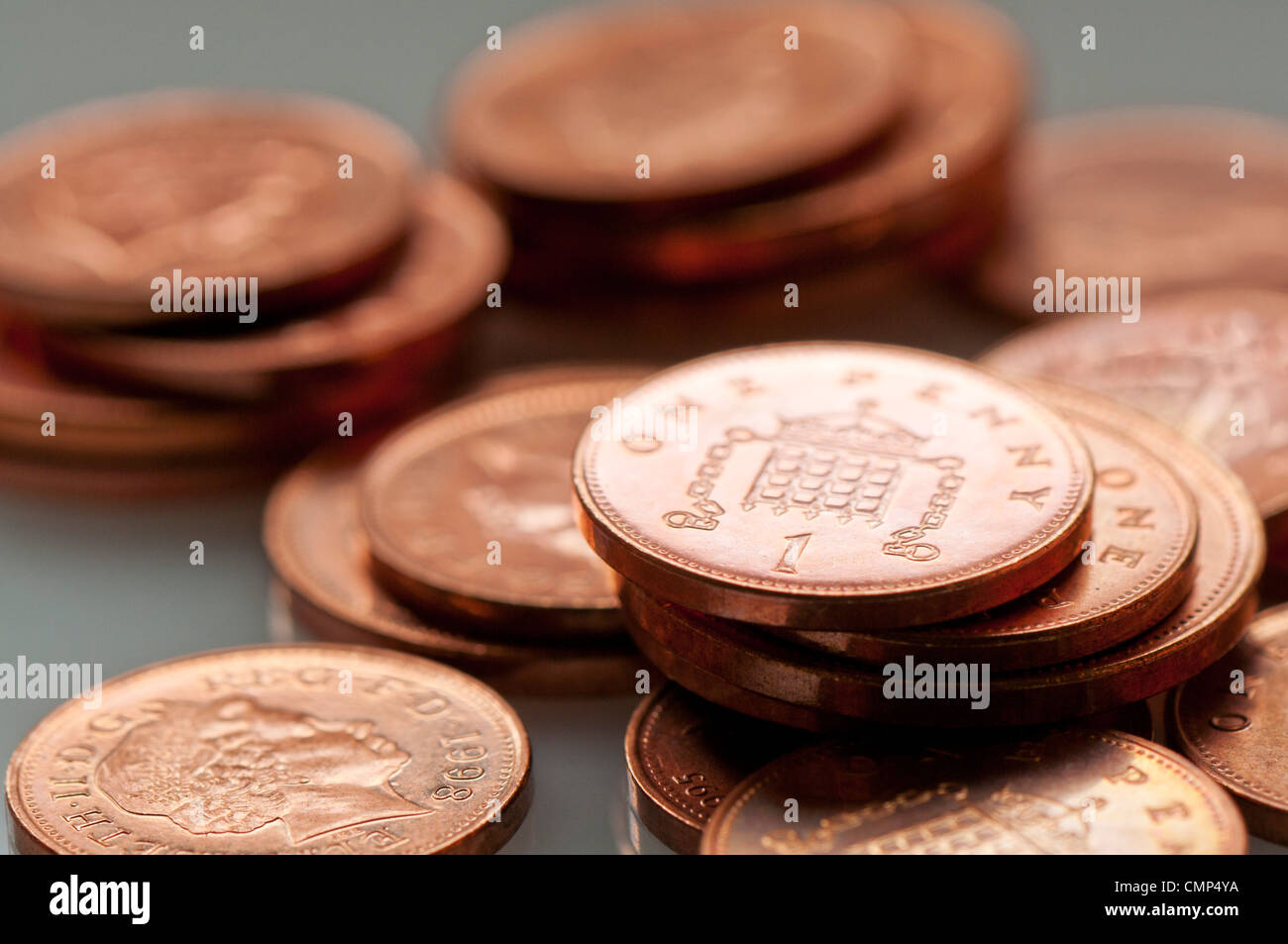 Close up of pile of UK one pence pieces Stock Photo