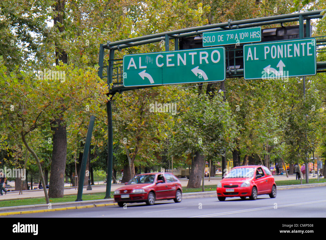 Santiago Chile,Providencia,Avenida Cardenal Jose Maria Caro,Parque Forestal,urban park,street scene,traffic,road,sign,logo,direction,information,car c Stock Photo