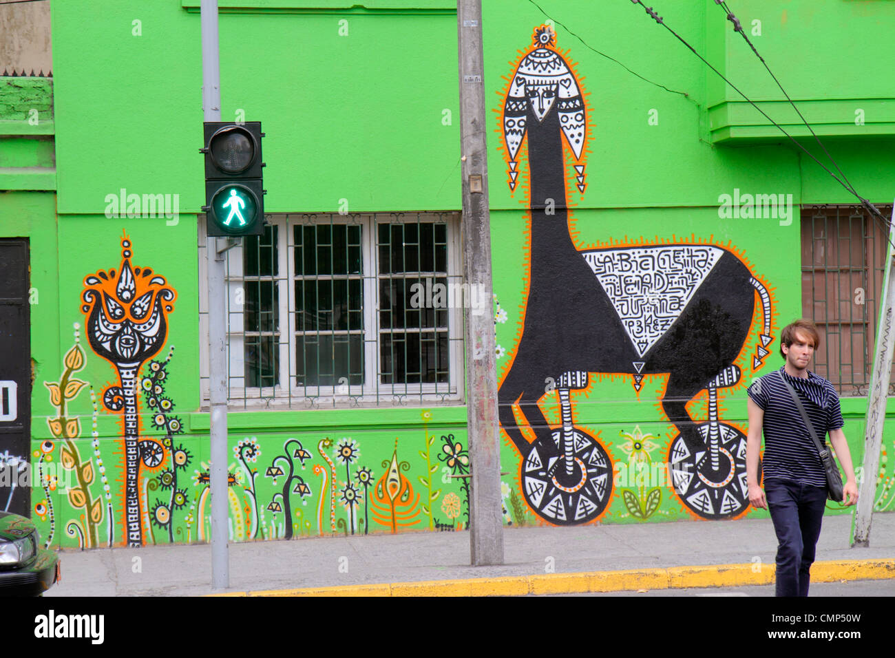 Santiago Chile,Barrio Patronato,Avenida Santa Maria,immigrant neighborhood,mural,street art,artist Juanita Perez,Bicicleta Verde,Green bicycle,bicycli Stock Photo