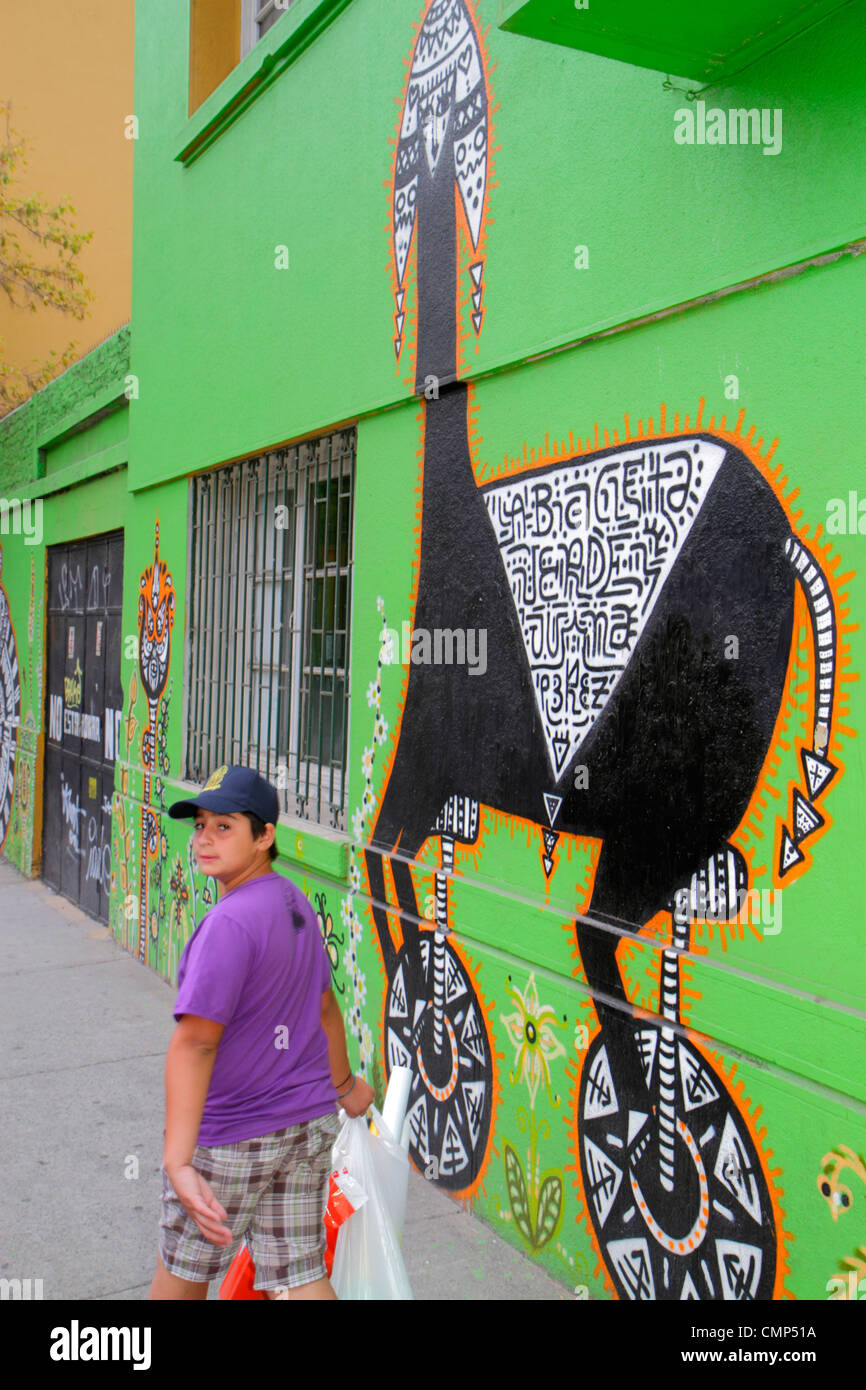Santiago Chile,Barrio Patronato,Avenida Santa Maria,immigrant neighborhood,mural,street art artwork,artist Juanita Perez,Bicicleta Verde,Green bicycle Stock Photo