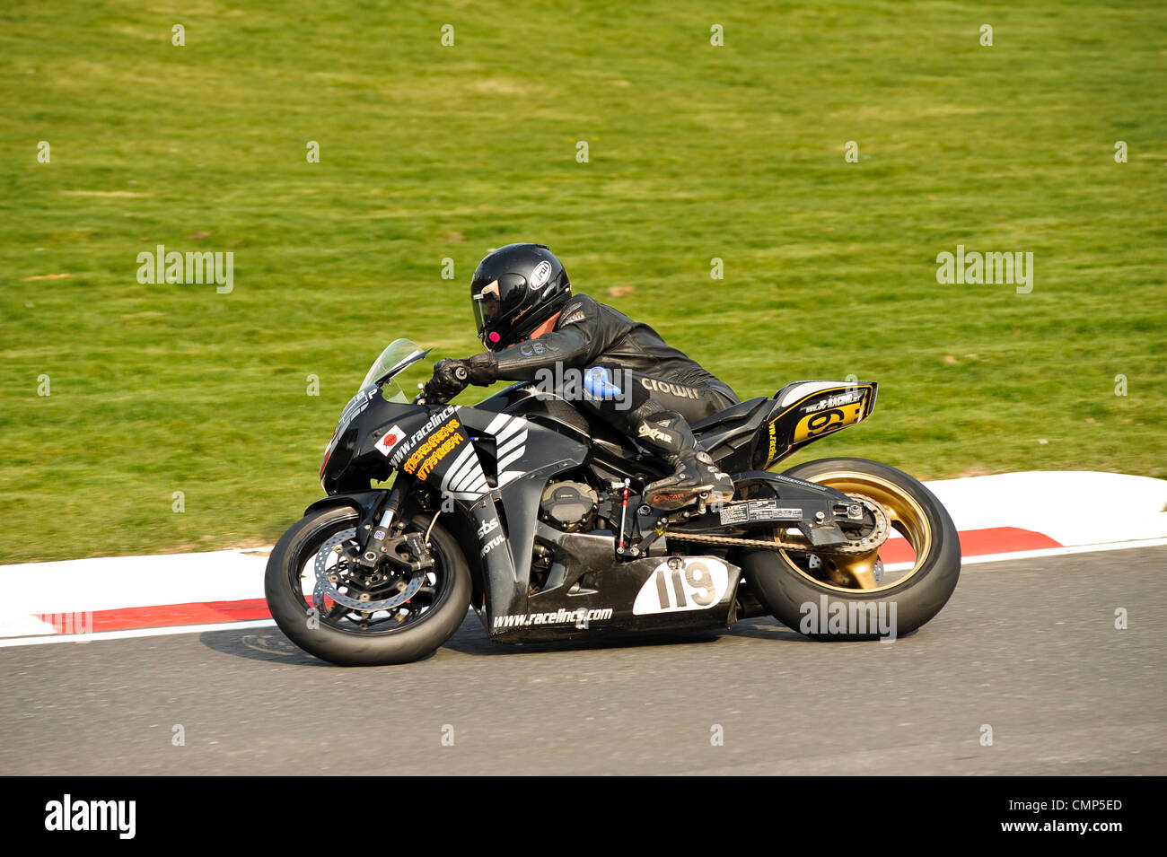 Motorcyclist on track, Cadwell Park. March 2012 Stock Photo