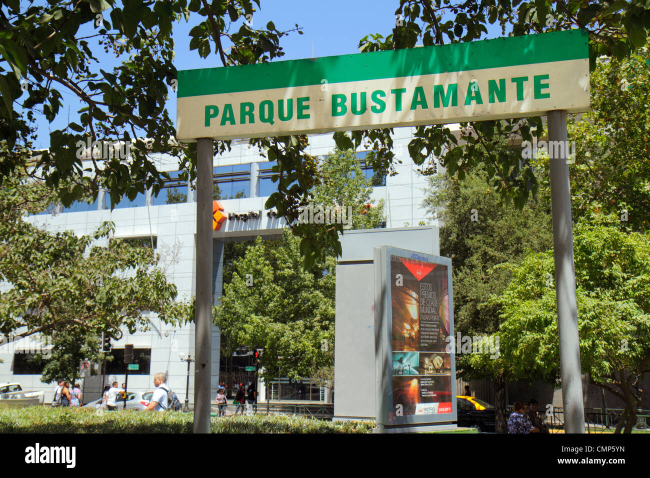 Santiago Chile,Providencia,Metro Station,Parque Bustamante,subway,train,train,entrance,sign,promotional poster,park,trees,Latin America,South Chile120 Stock Photo