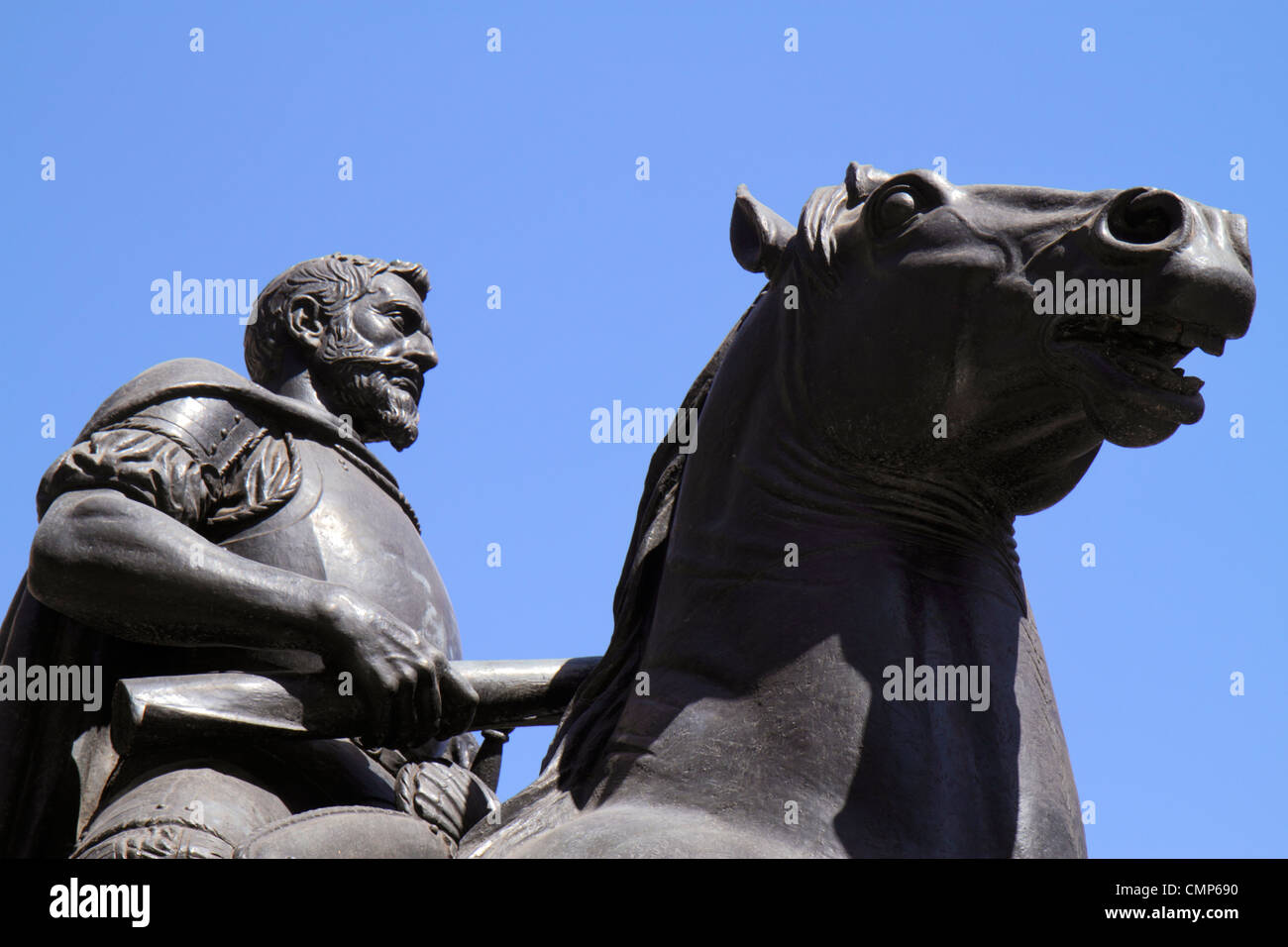 Santiago Chile,Plaza de Armas,public square,equestrian statue,monument,Don Pedro Valdivia,colonial history,city founder,horse,armor,Latin America,Sout Stock Photo