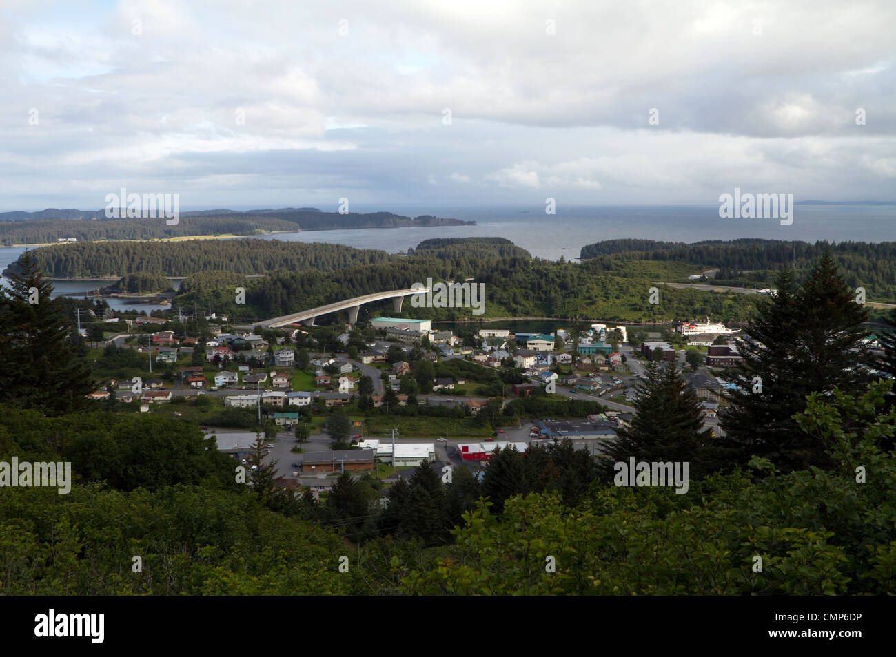 View of Kodiak town from Pillar Mt. Road, with view of Bridge, Kodiak Island, Alaska, USA Stock Photo