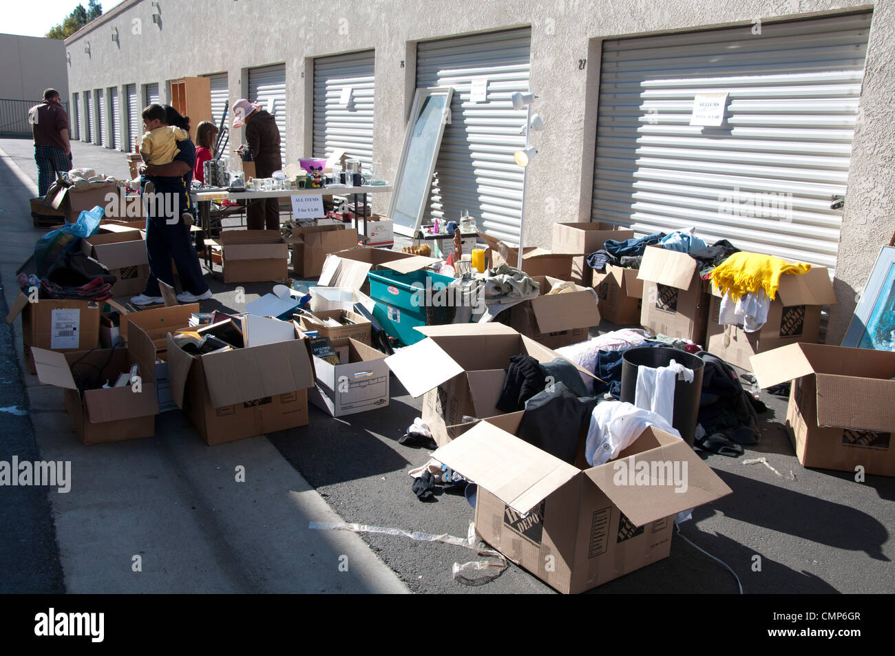 garage yard sell boxes Stock Photo Alamy