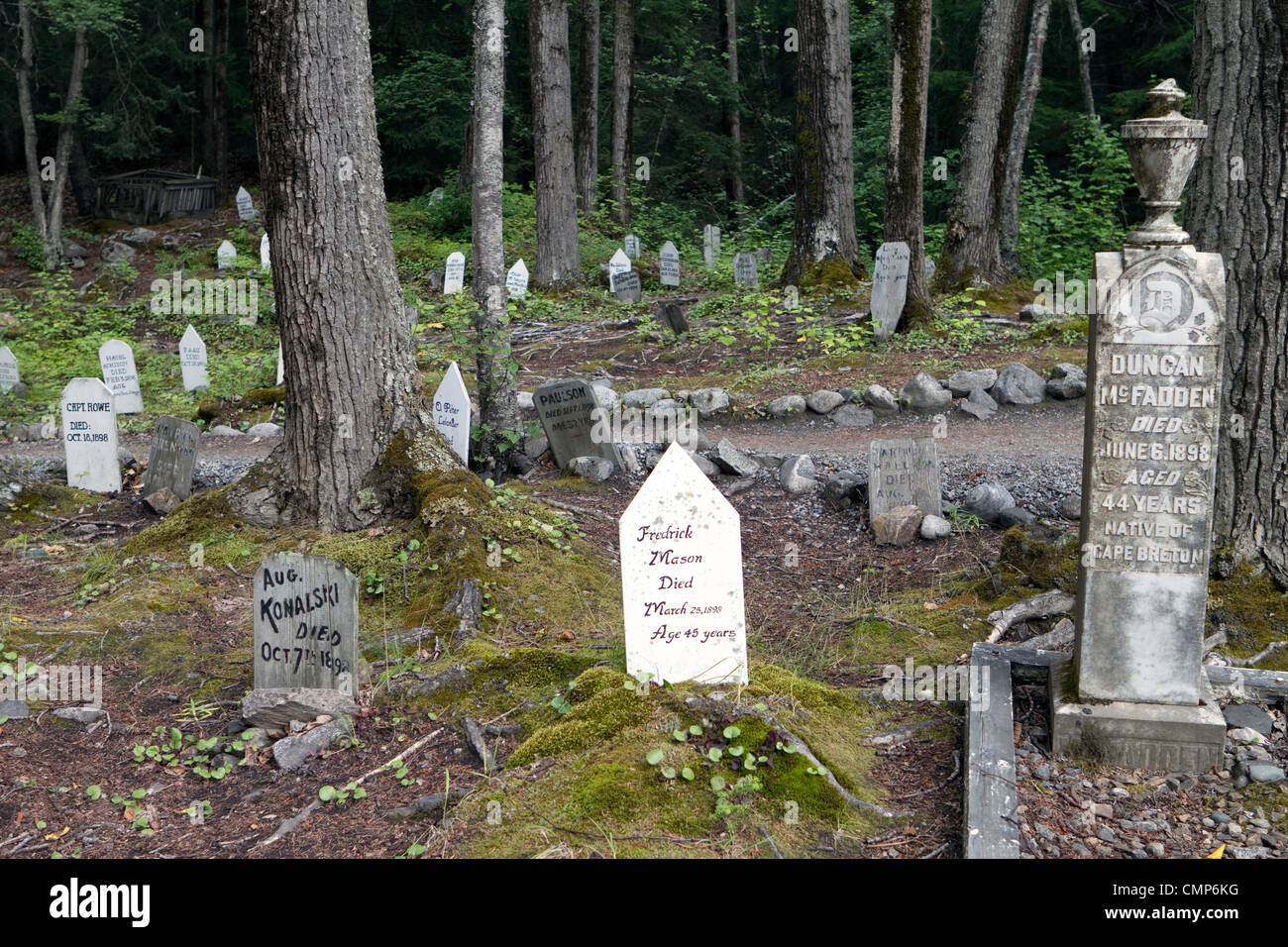 Cemetery at the Dyea town site in the Klondike Gold Rush National Historical Park near Skagway, Alaska, USA. Stock Photo