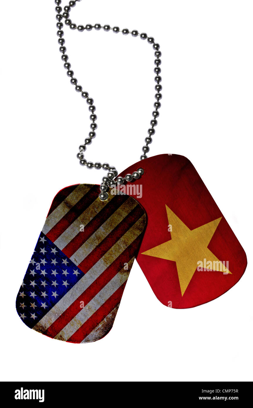 Army ID tags with flags of USA and Veitnam Stock Photo