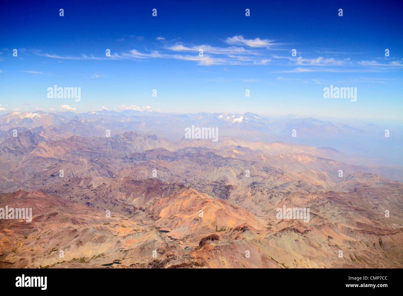 Santiago Chile,Andes Mountains,LAN Airlines,flight to Mendoza,window seat view,aerial overhead view from above,science,geography,range,topography,dist Stock Photo