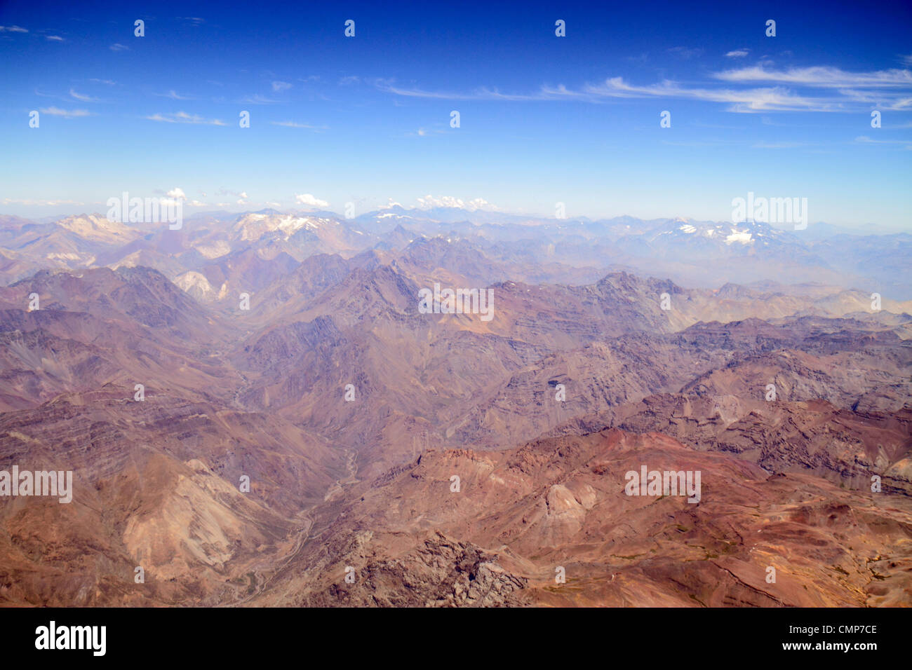 Santiago Chile,Andes Mountains,LAN Airlines,flight to Mendoza,window seat view,aerial overhead view from above,science,geography,range,topography,dist Stock Photo