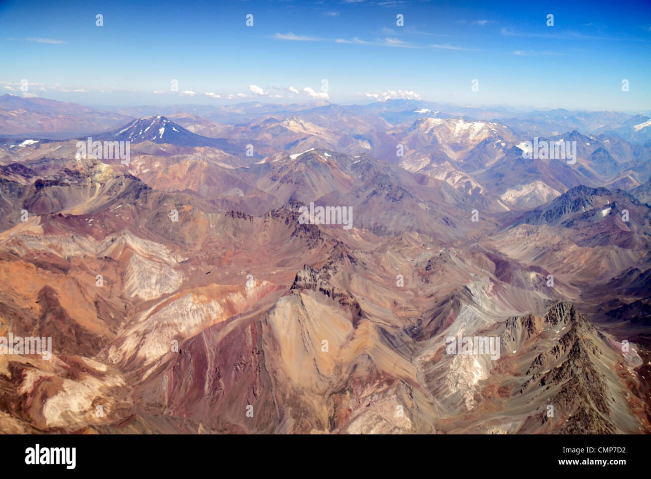 Santiago Chile,Andes Mountains,LAN Airlines,flight to Mendoza,window seat view,aerial overhead view from above,science,geography,range,topography,pere Stock Photo