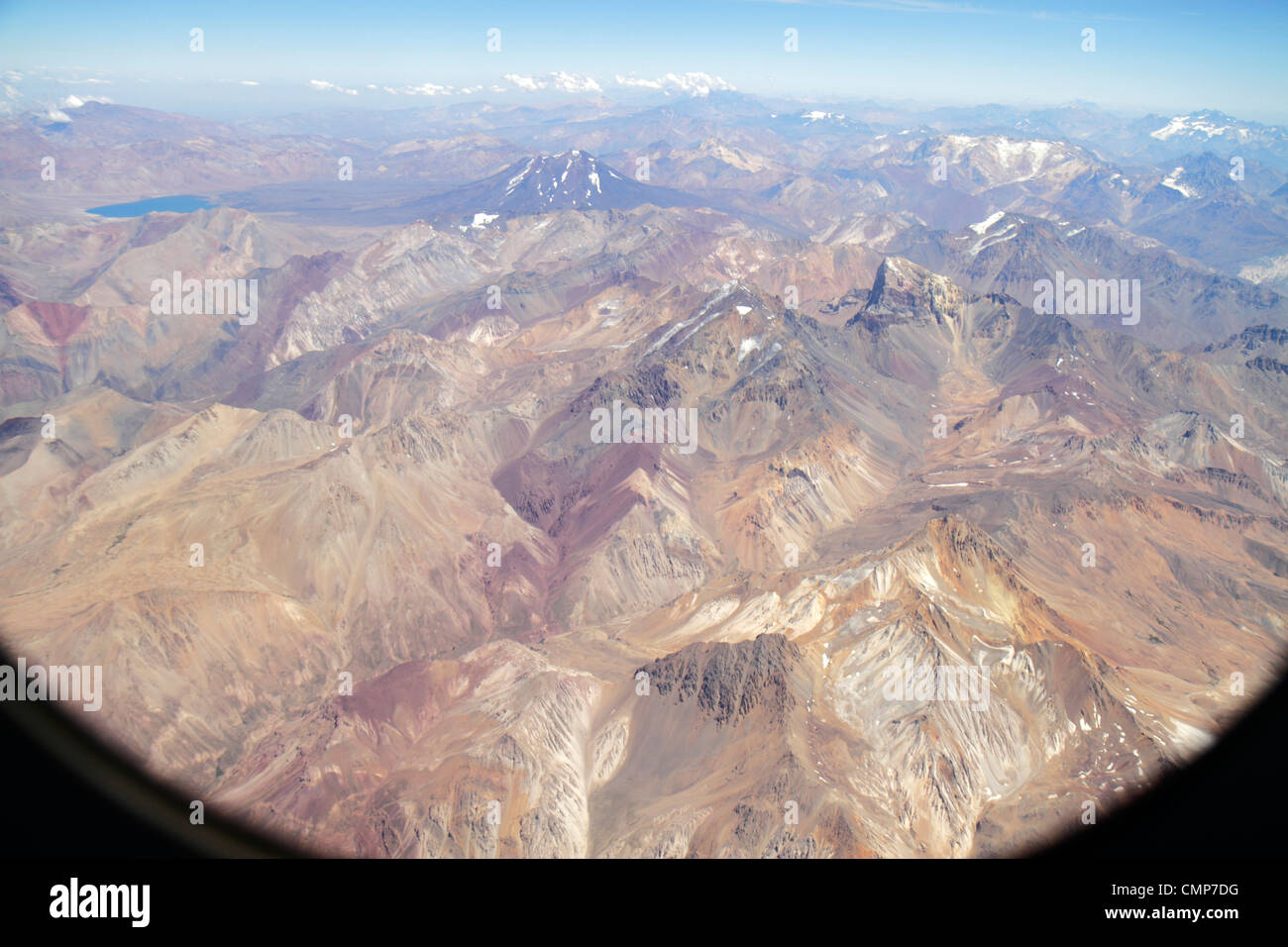 Santiago Chile,Andes Mountains,LAN Airlines,flight to Mendoza,window seat view,Argentina border,Laguna Diamante,aerial overhead view from above,scienc Stock Photo