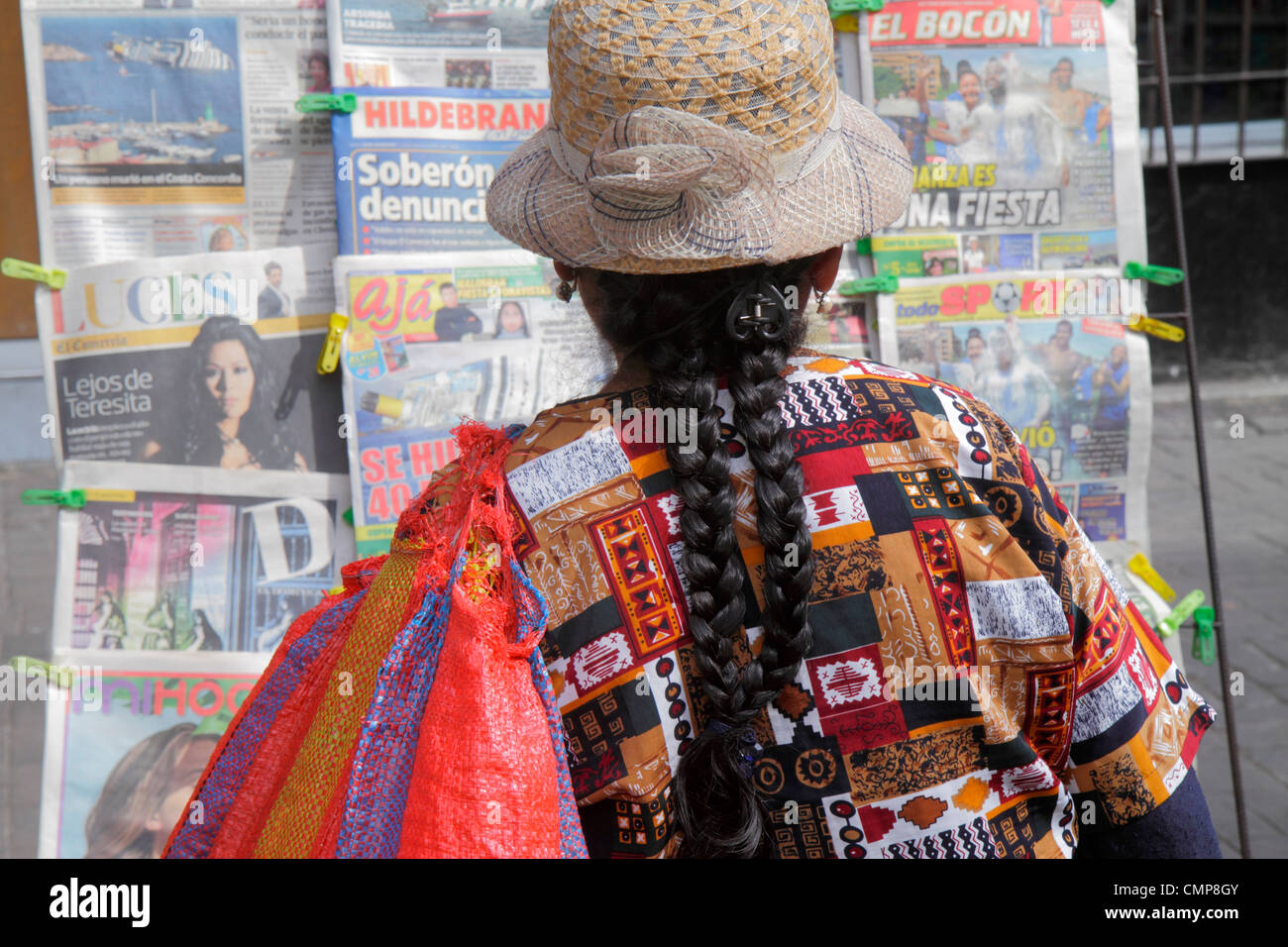 Lima Peru,Barranco District,Avenida Miguel Grau,newsstand,newspaper,periodical,Spanish language,bilingual,headline,front page,Hispanic woman female wo Stock Photo