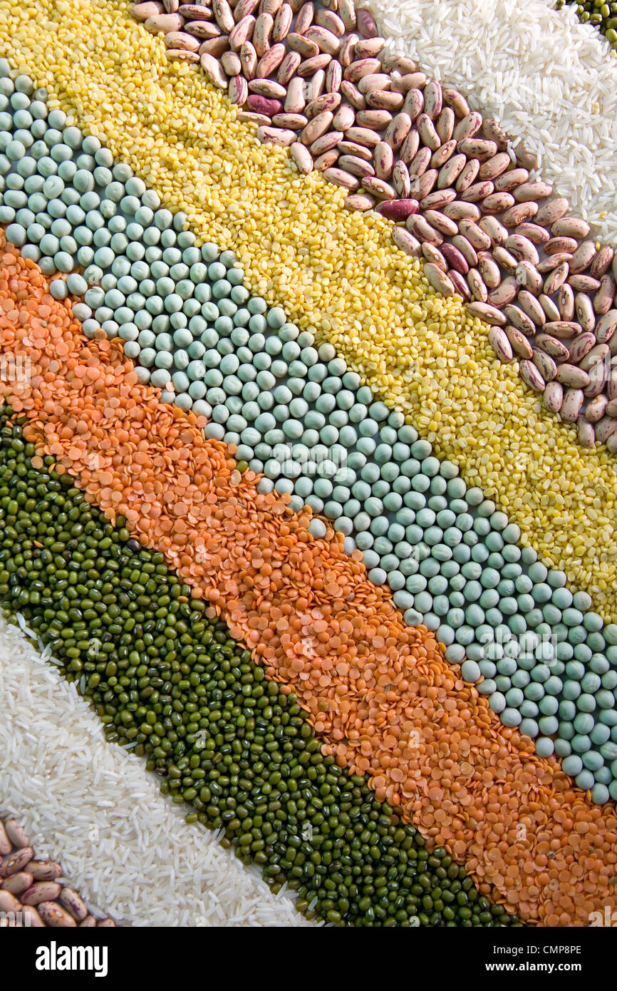colorful striped rows of dry beans, legumes, peas, lentils Stock Photo