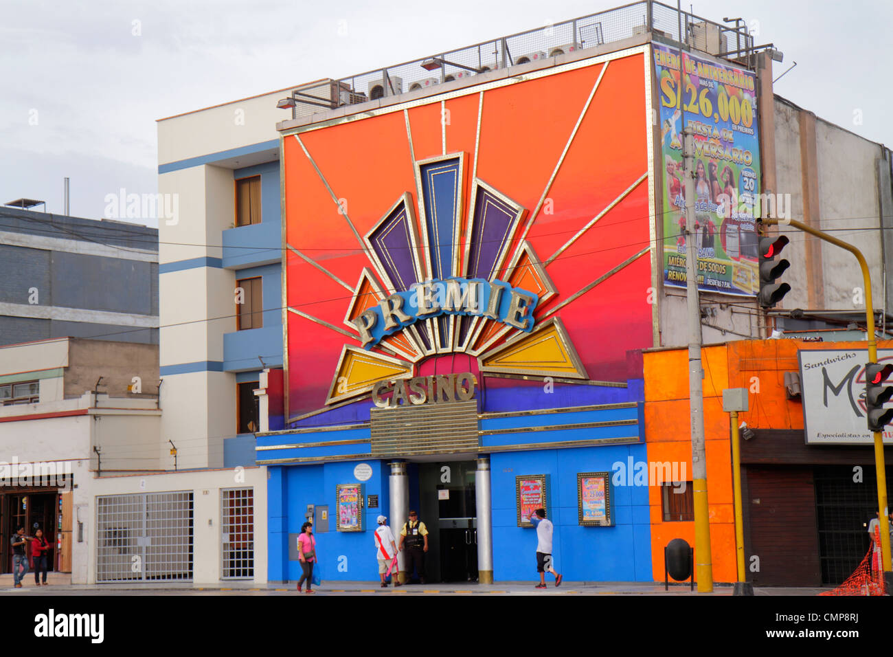 Lima Peru,Barranco District,Avenida Miguel Grau,commercial district,Premie Casino,gamble,gambling,gaming,facade,marquee,entrance,security guard,Peru12 Stock Photo