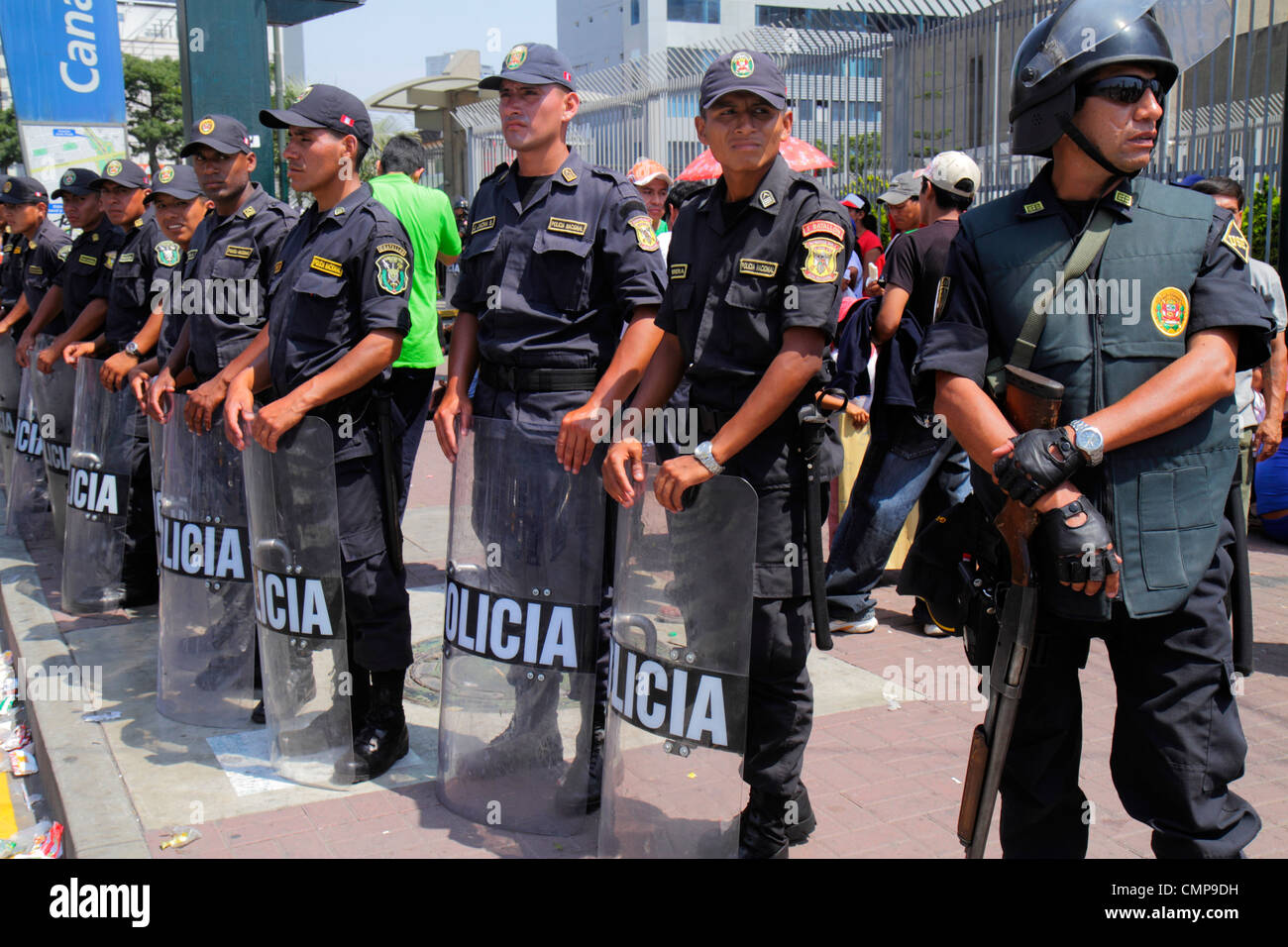 Lima Peru,San Isidro,Avenida Canaval y Moreyra,street scene,protest,demonstration,Petroperu,Petróleos del Perú,Indigenous Communities Protest Against Stock Photo