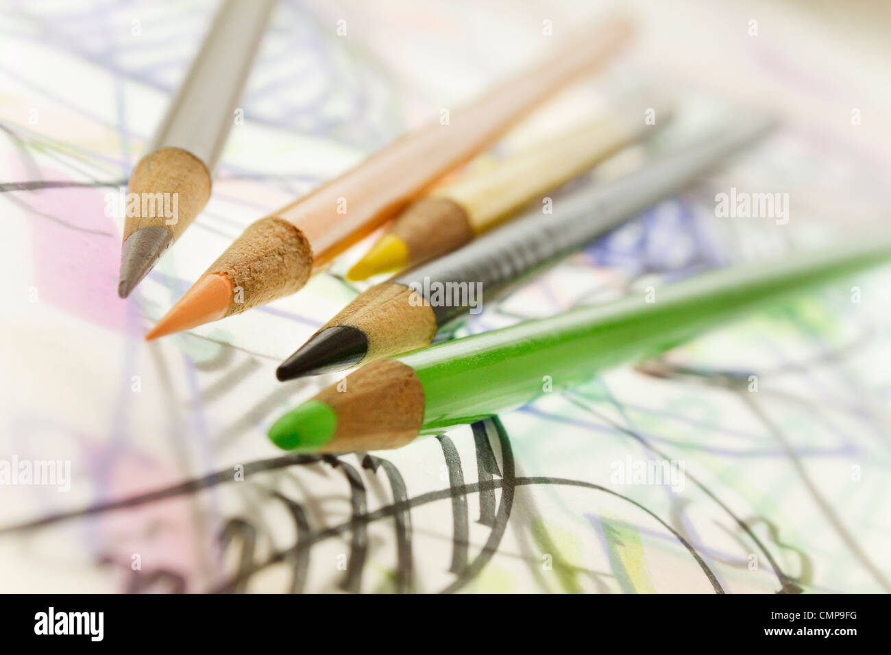 Color pencils on top of tracing paper with sketch lines Stock Photo Alamy