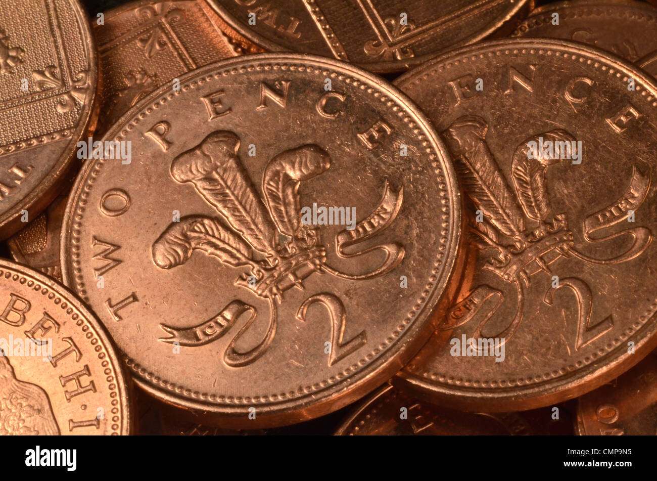 Close detail of UK two pence (2p) coin, pennies. Stock Photo