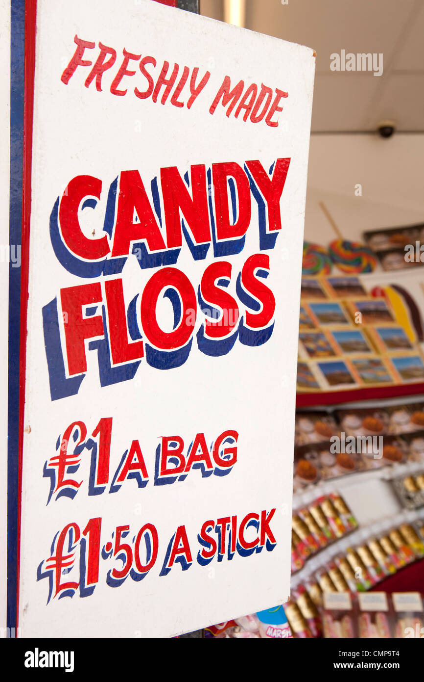 UK, England, Lincolnshire, Cleethorpes, freshy made candy floss sign at seafront rock and sweet stall Stock Photo