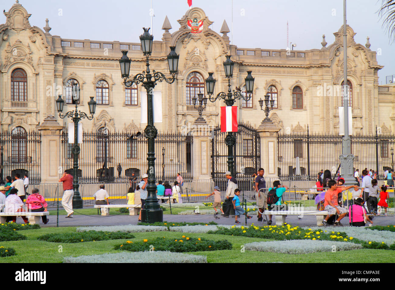 Lima Peru,Plaza de Armas,Palacio de Gobierno,Government Palace,government building,neo Baroque,architecture outside exterior,gate,public square,park,H Stock Photo
