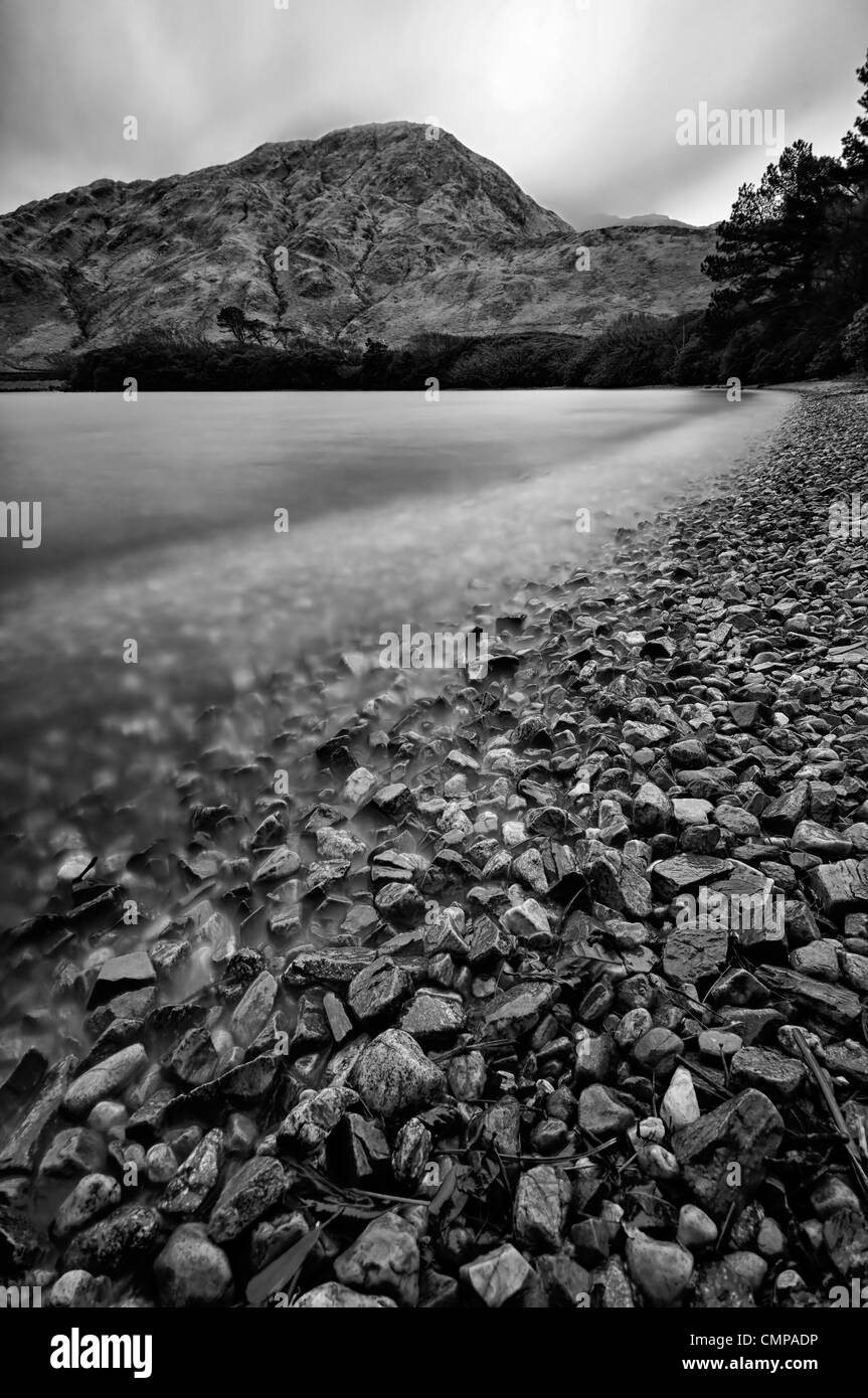 Kylemore lough lake Connemara galway ireland ultra long exposure black and white B+W Stock Photo