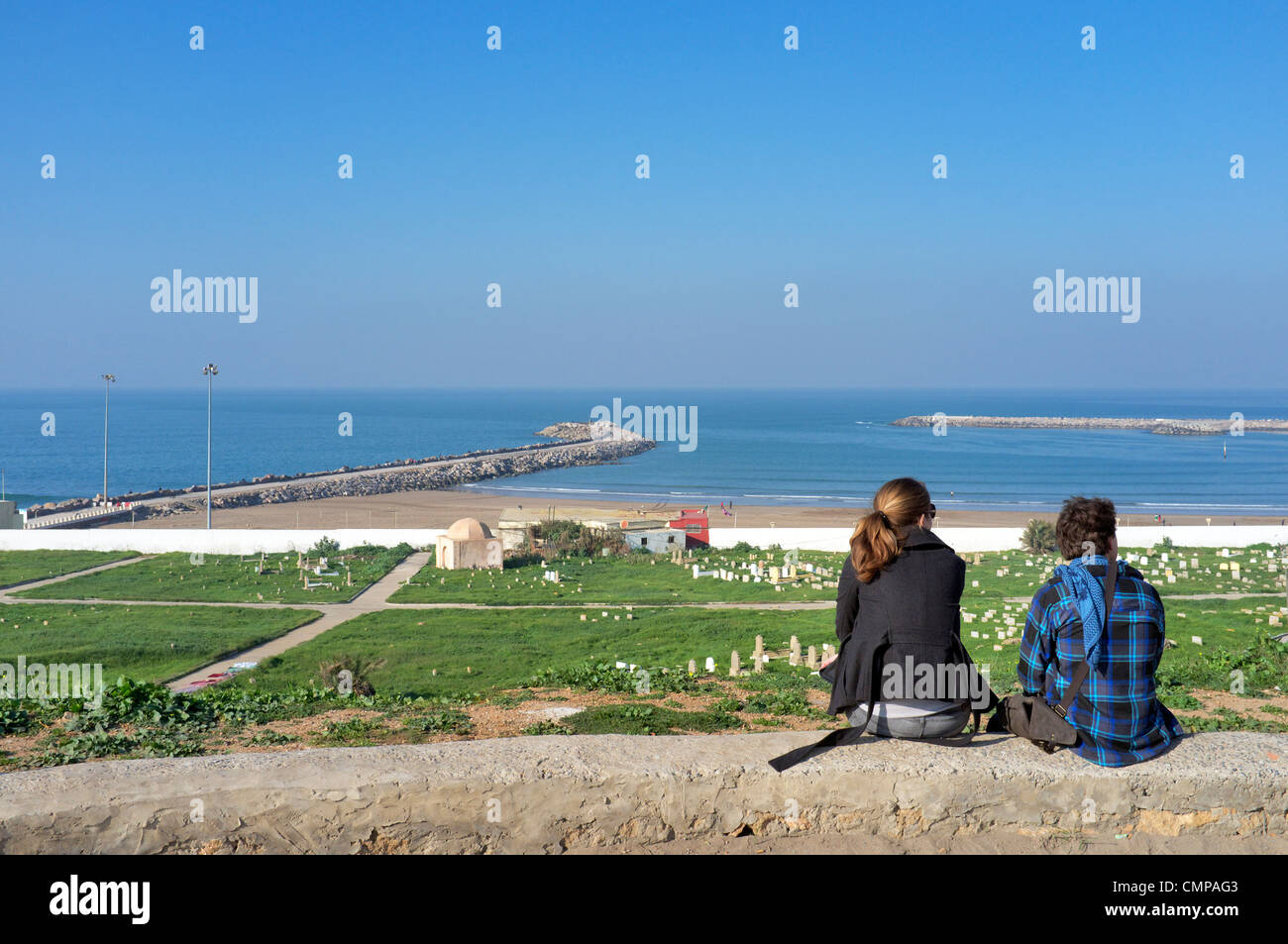 Rabat looking at the entrance to the river Bou Regreg, graves and Atlantic, Morocco Stock Photo