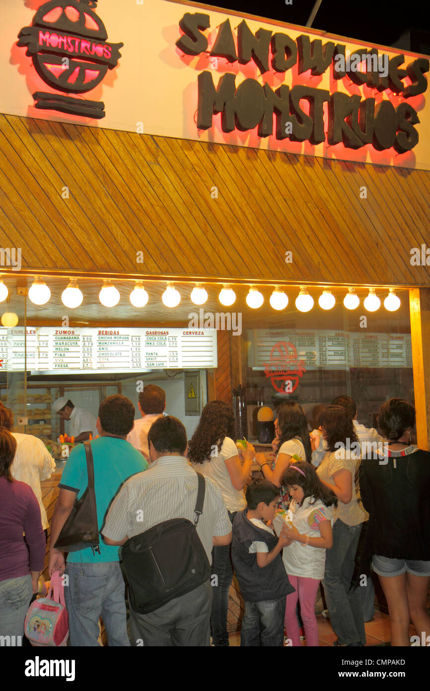 Lima Peru,Barranco,Avenida Pierola,Sandwiches Monstruos,sandwich shop,fast food restaurant,restaurants,food,dine,eat out,counter,menu,line,queue,Hispa Stock Photo