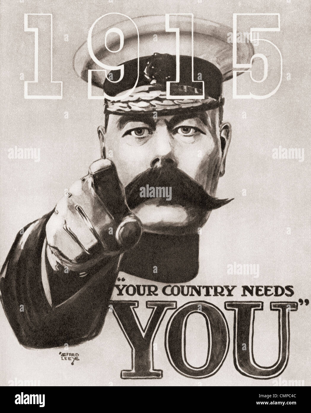 The British wartime recruitment poster depicting Lord Kitchener with the words 'Your Country Needs You' and the date 1915. Stock Photo