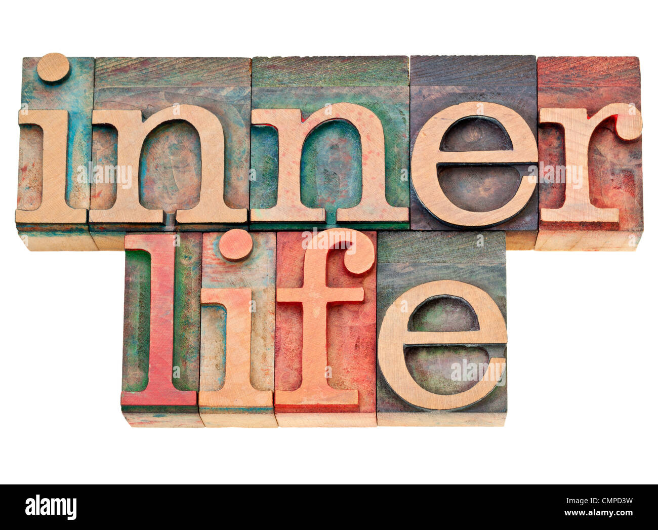 inner life - spirituality concept - isolated text in vintage letterpress wood type Stock Photo
