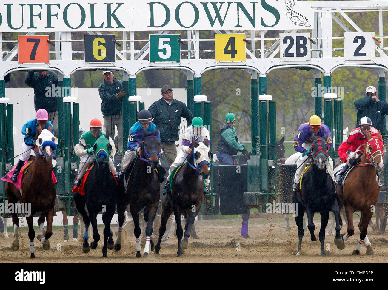 Horses leave the gate at Suffolk Downs, in Boston, Massachusetts Stock Photo