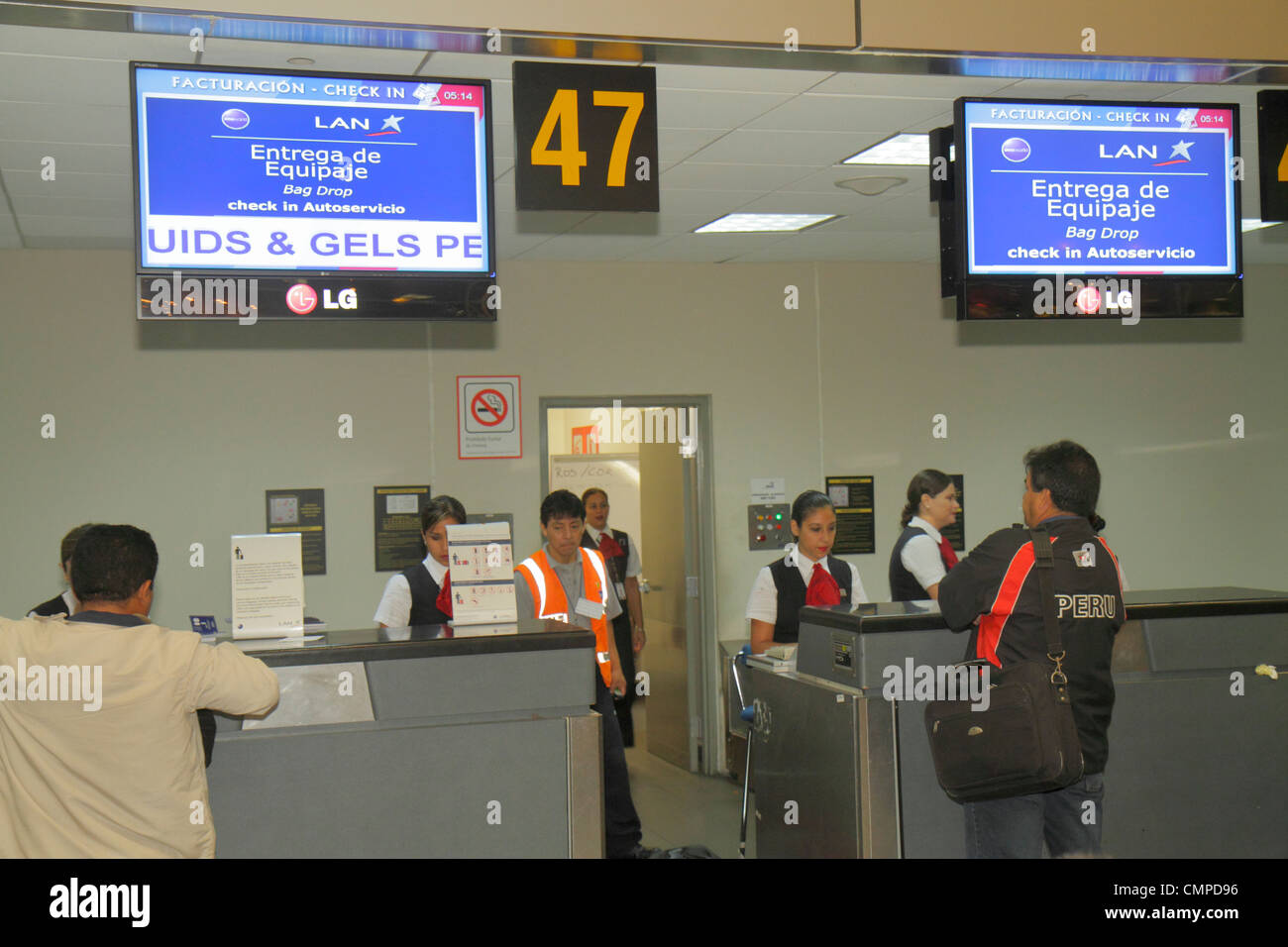 Lima Peru,Jorge Chávez International Airport,LIM,aviation,terminal,departures,LAN,airline carrier,ticker counter,check in,sign,logo,Hispanic Latin Lat Stock Photo