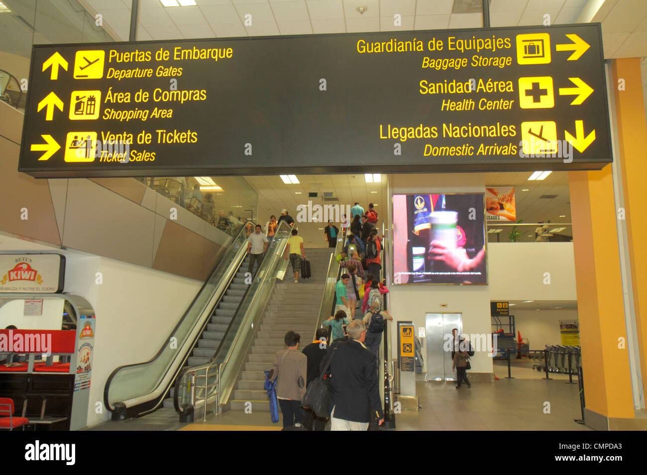 Lima Peru,Jorge Chávez International Airport,LIM,aviation,terminal,sign,logo,bilingual,Spanish,English,information,direction,departure gates,shopping Stock Photo