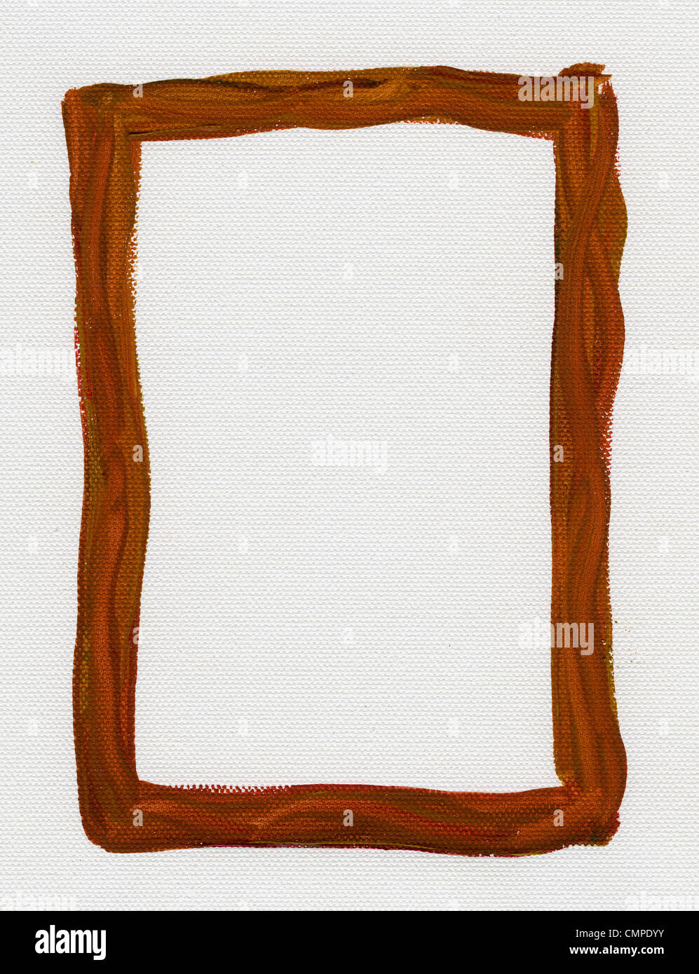 hand painted brown red watercolor frame (border) surrounding white blank rectangle on artist canvas with a coarse texture Stock Photo
