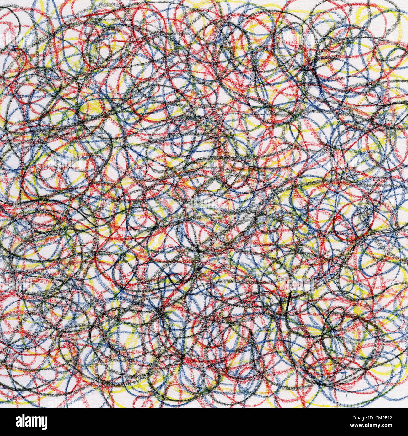 handdrawn crayon circular scribble on white paper, red, blue, black