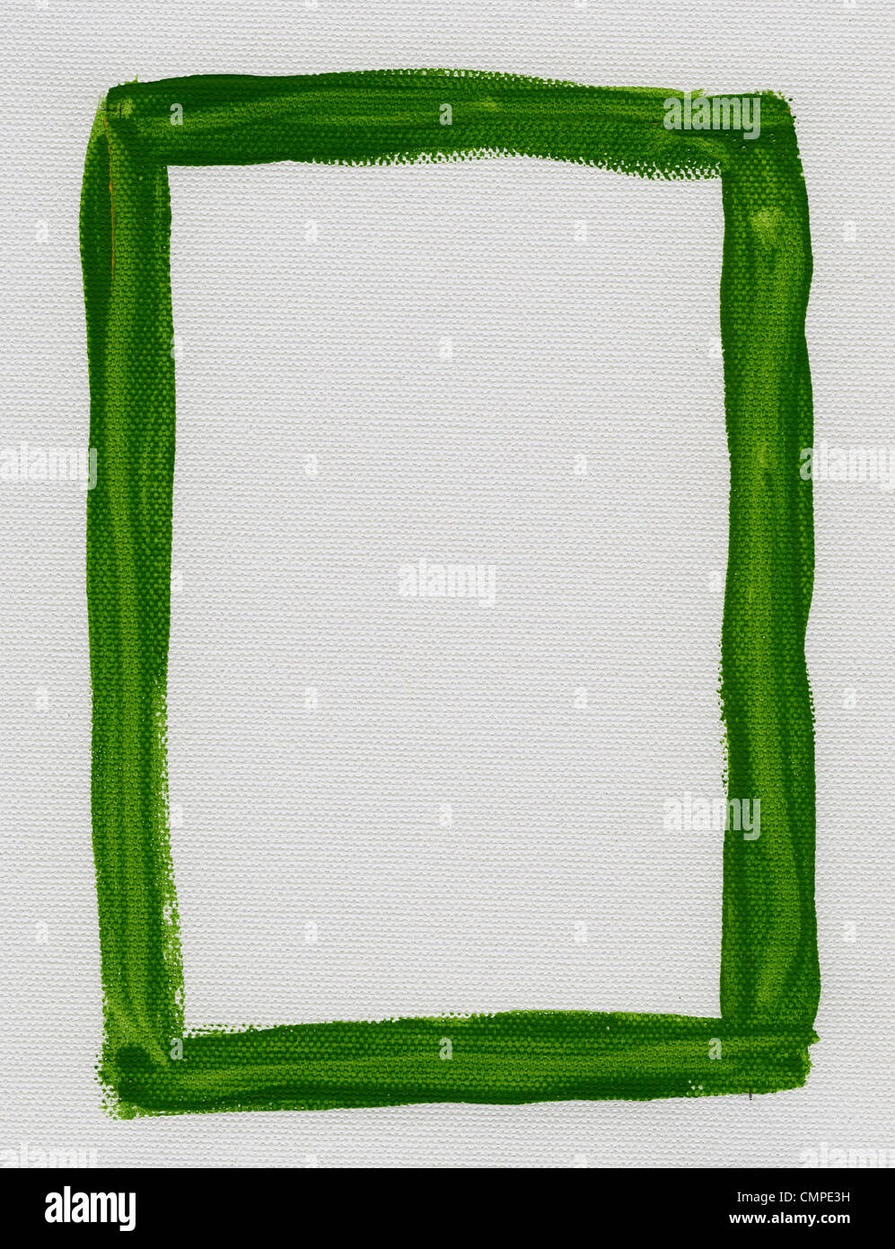 hand painted green watercolor frame (border) surrounding white blank rectangle on artist canvas with a coarse texture Stock Photo