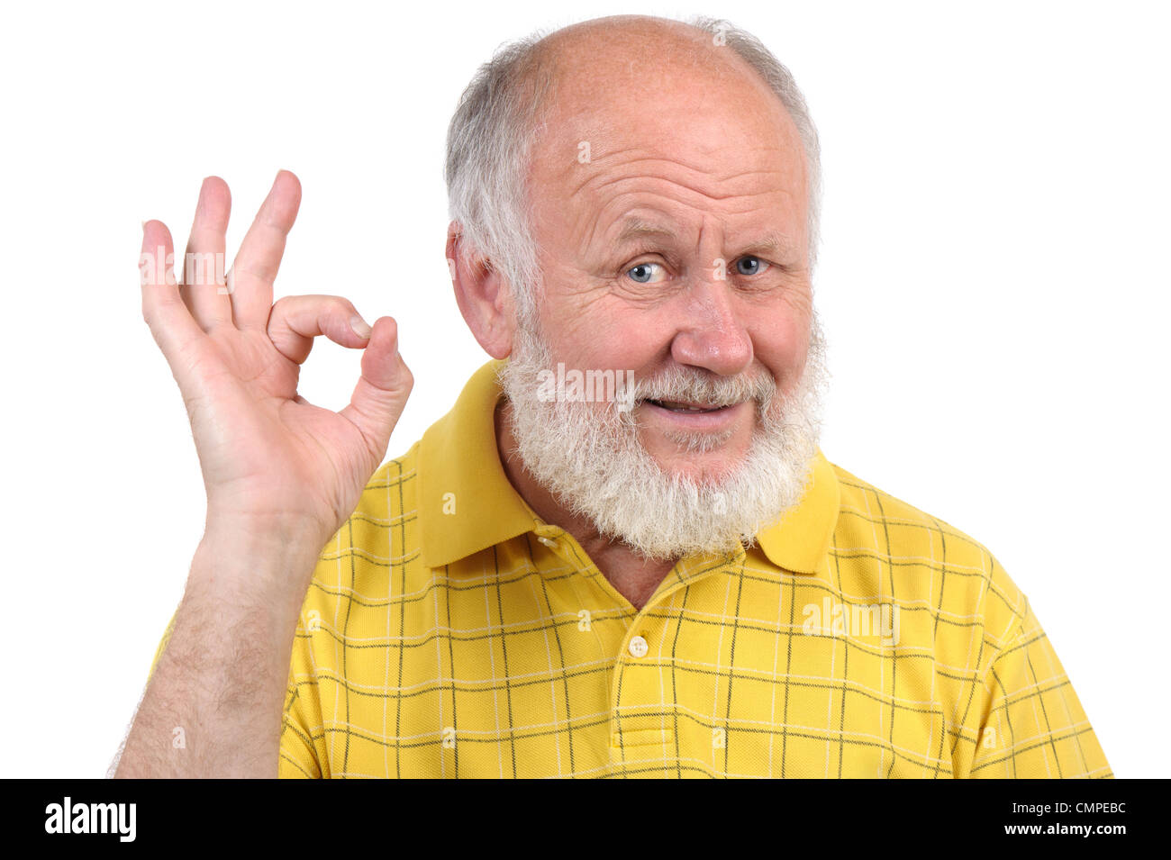 senior funny bald man in yellow t-shirt is shows gestures and grimaces  Stock Photo - Alamy