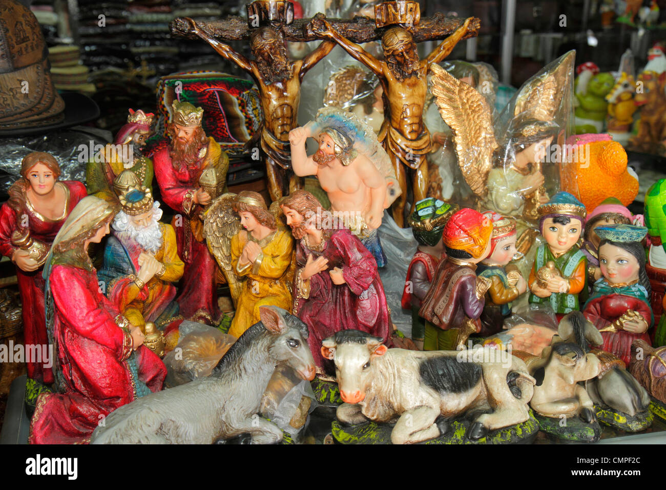 Tacna Peru,Avenida Bolognese,Central Market,religious store,Catholic statuary,statue,nativity,ceramics,shopping shopper shoppers shop shops market mar Stock Photo