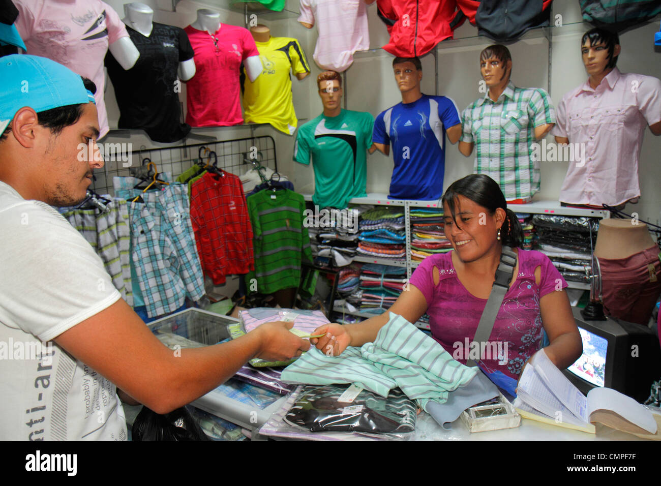 Tacna Peru,Avenida Bolognese,Central Market,vendor vendors,stall stalls booth market buying selling,store,stores,businesses,district,men's shirts,T sh Stock Photo