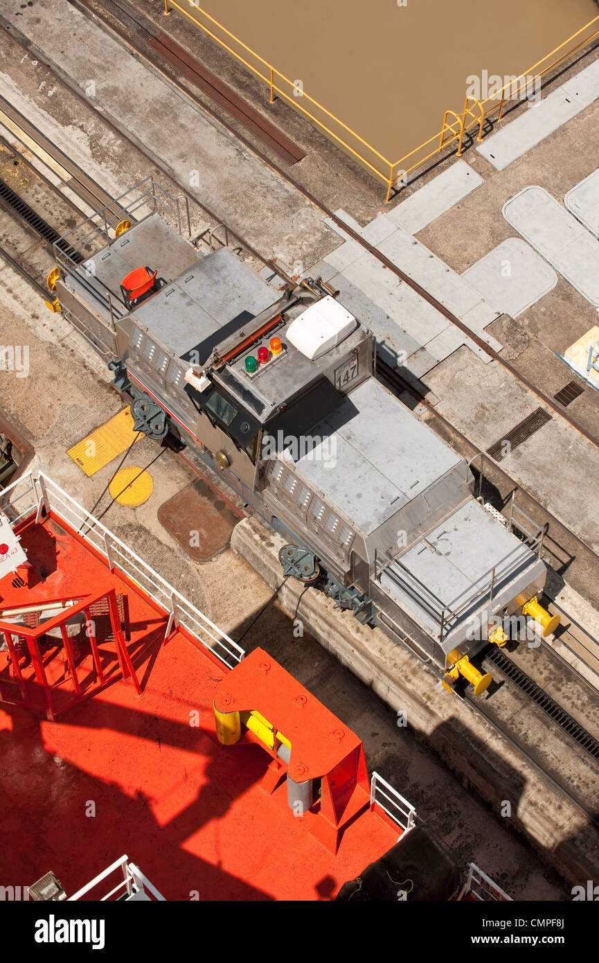 Aerial view of locomotive at Miraflores Locks. Panama Canal Stock Photo