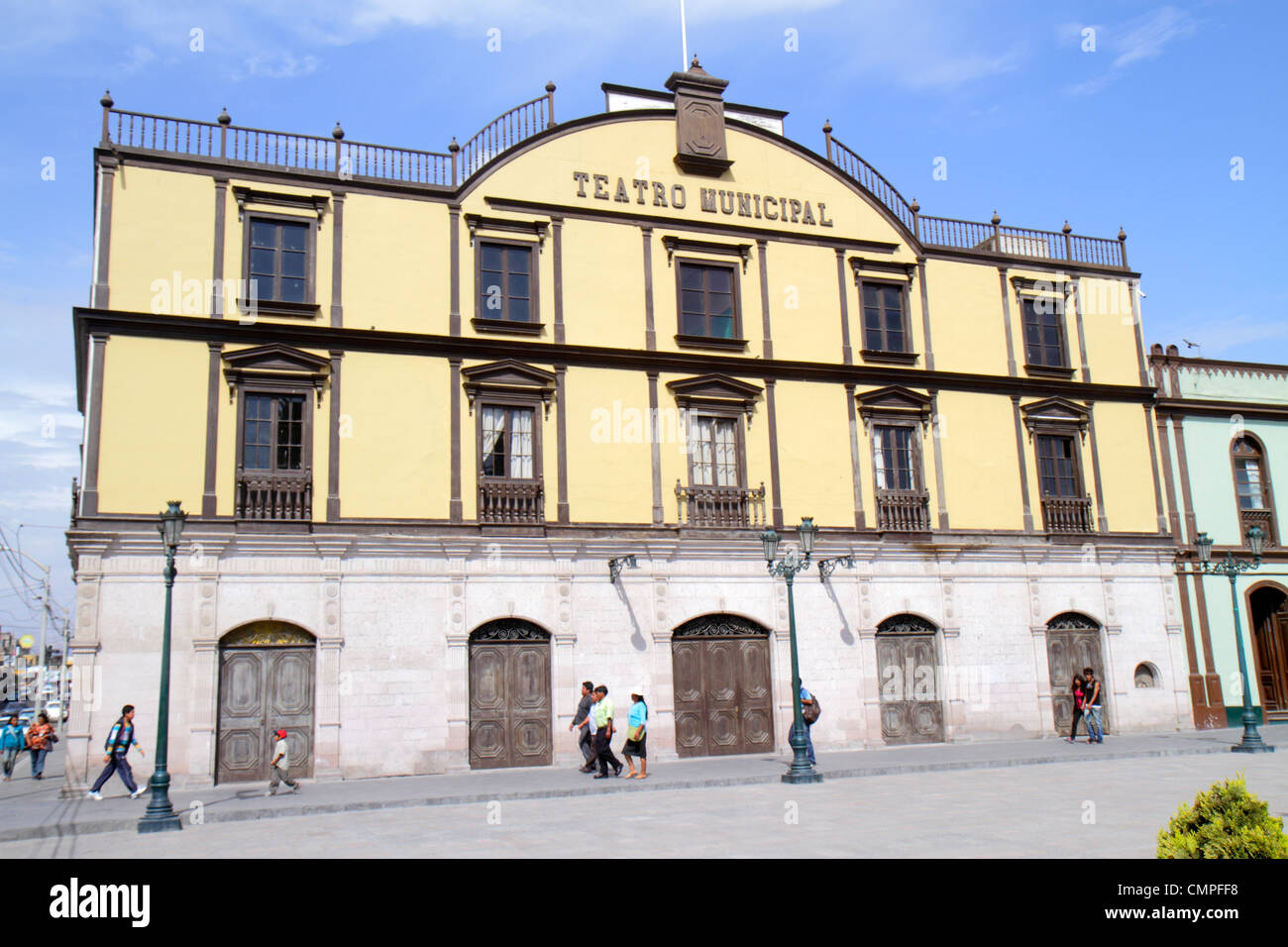 Tacna Peru,Avenida 2 de Mayo,Teatro Municipal,theater,city theatre,culture,art,building,1870,preservation,facade,architecture quarried stone,Hispanic Stock Photo
