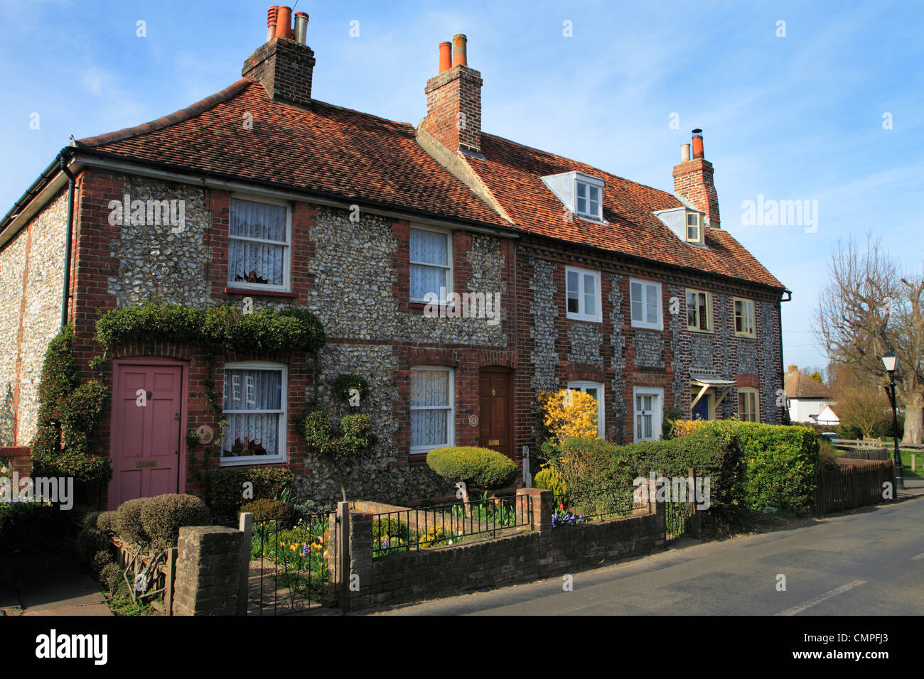 Row of traditional brick and flint cottages, Downe, Kent UK Stock Photo