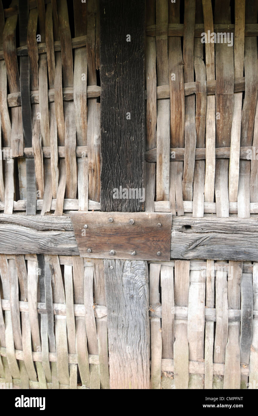 A close up photo of the lattice wall of Stryd Lydan Barn at St.Fagans Museum Of Welsh Life in South Wales. Stock Photo