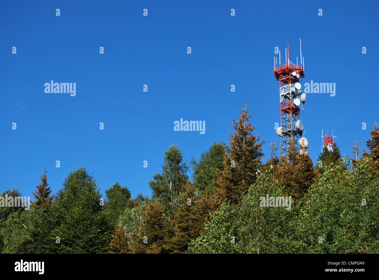 Radio antenna communication tower on the top of a mountain, Italy Stock Photo