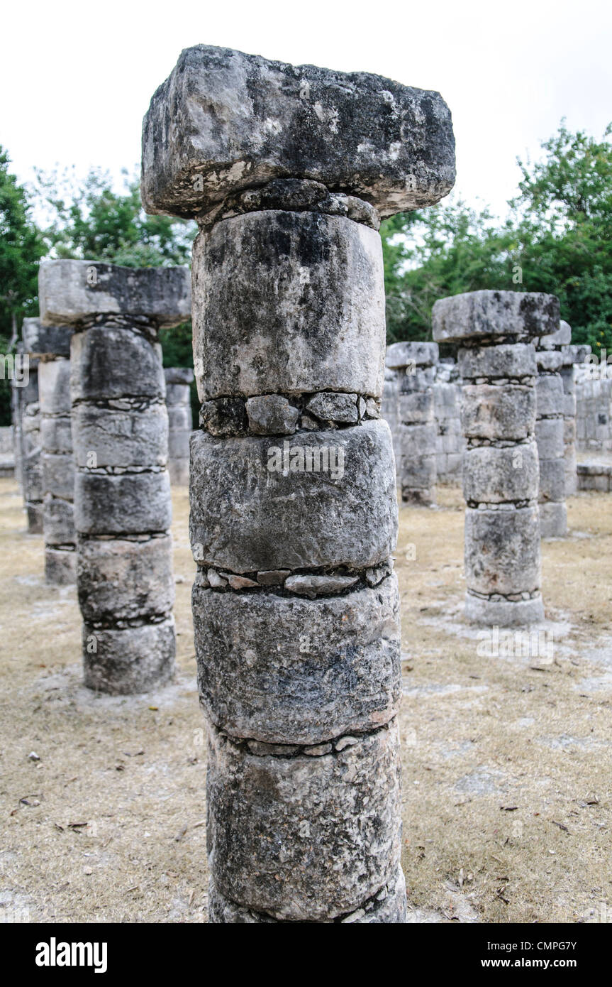 CHICHEN ITZA, Mexico - Vertical shot of a column in the Plaza of the Thousand Columns at Chichen Itza Mayan ruins archeological zone in the heart of Mexico's Yucatan Peninsula. Stock Photo