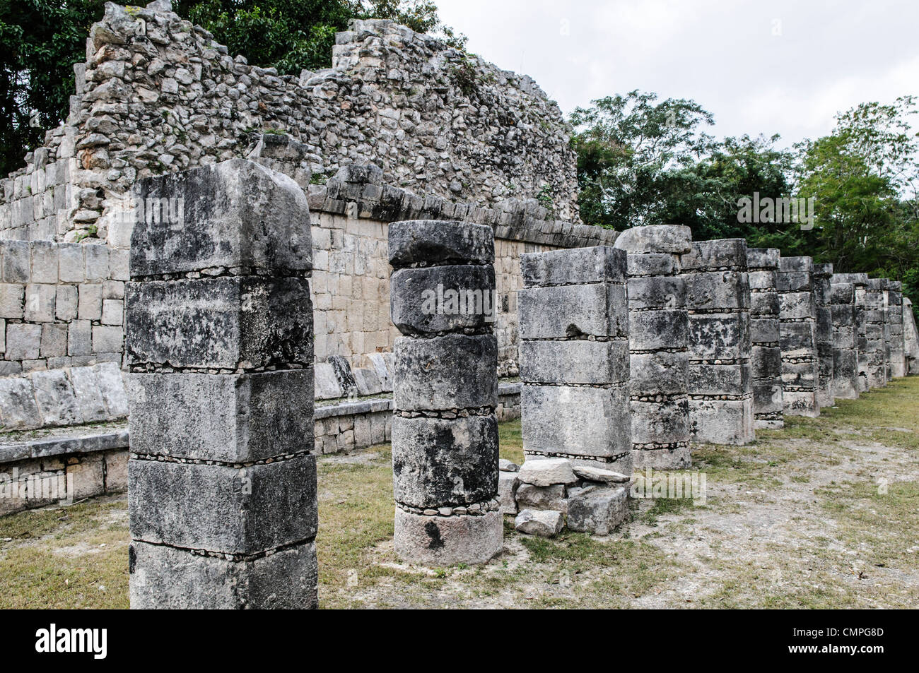 CHICHEN ITZA, Mexico - Rows and walls of stone ruins in the Plaza of the Thousand Columns at Chichen Itza Mayan ruins archeological zone in the heart of Mexico's Yucatan Peninsula. Stock Photo