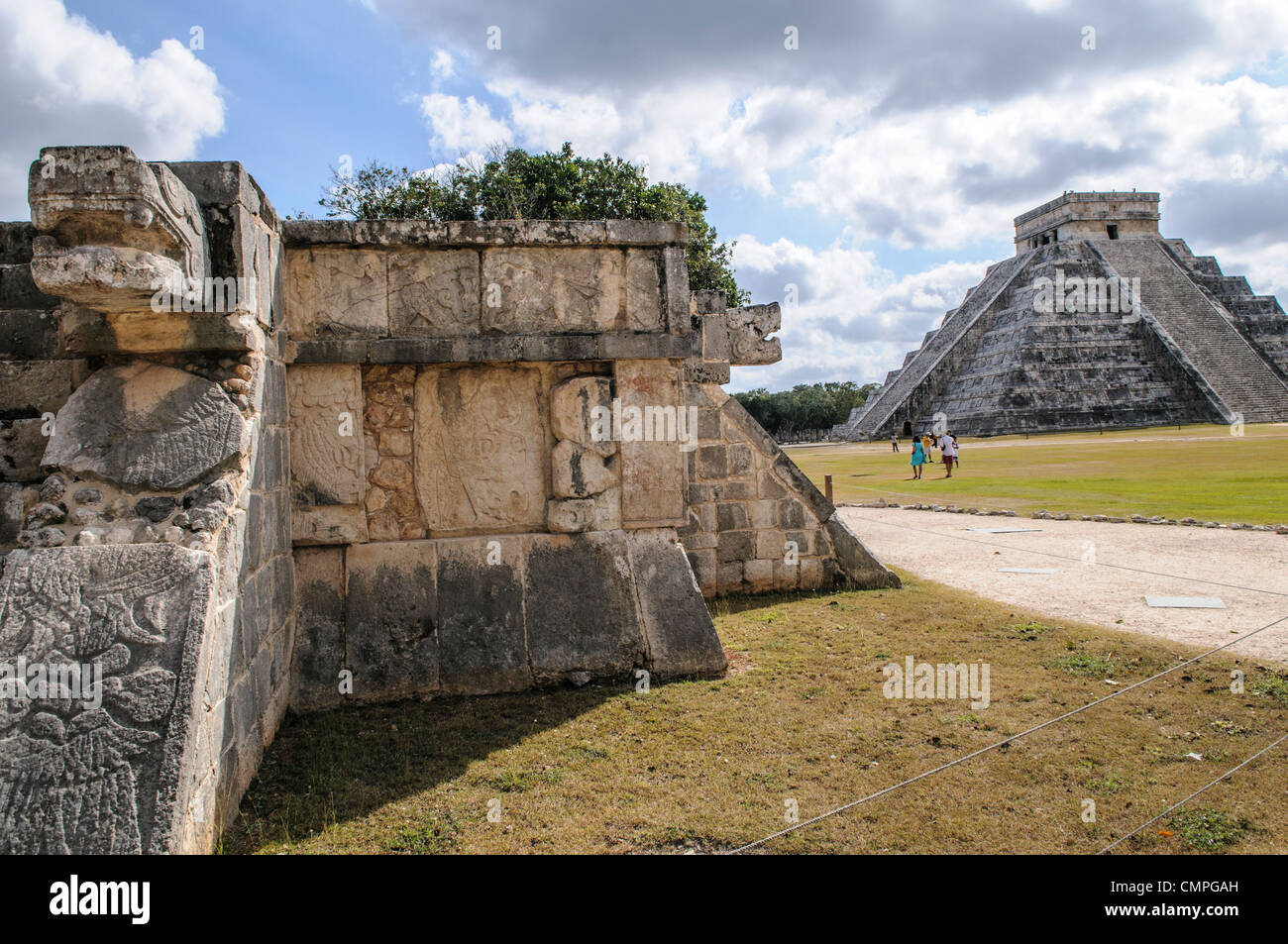 CHICHEN ITZA, Mexico - Buiding in front of Temple of Kukulkan (El Castillo) at Chichen Itza Archeological Zone, ruins of a major Maya civilization city in the heart of Mexico's Yucatan Peninsula. Stock Photo